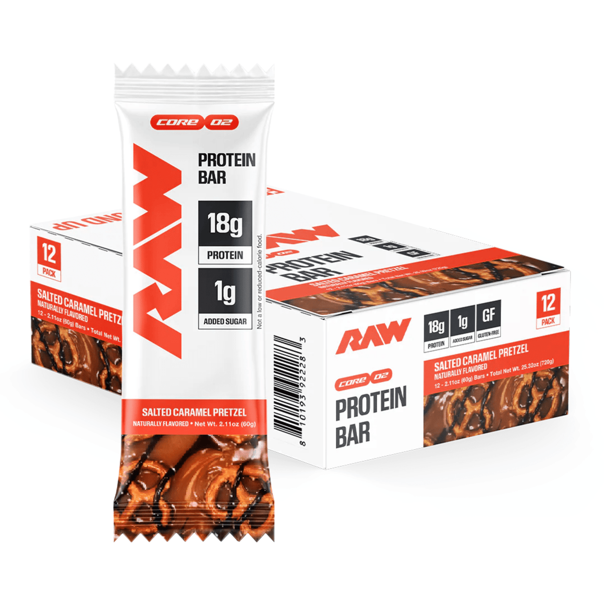 RAW Nutrition Protein Bar, 12ct size, Salted Caramel Pretzel flavor