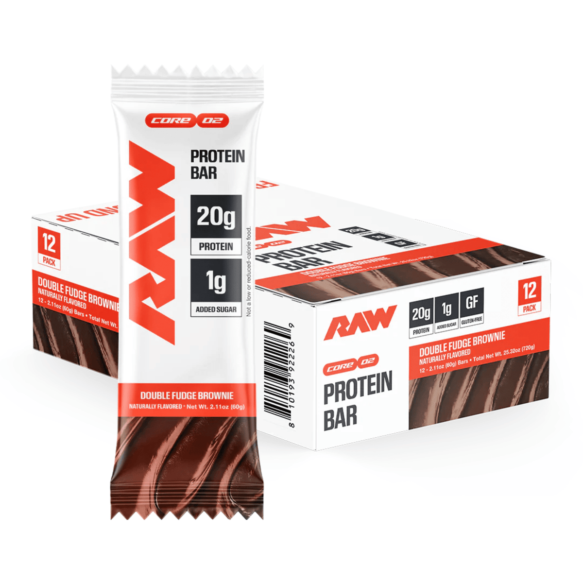RAW Nutrition Protein Bar, 12ct size, Double Fudge Brownie flavor