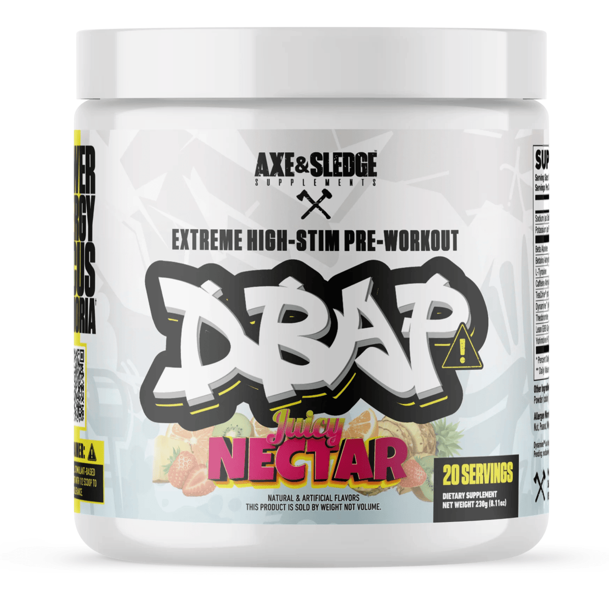 Axe & Sledge DBAP pre-workout powder, front of container