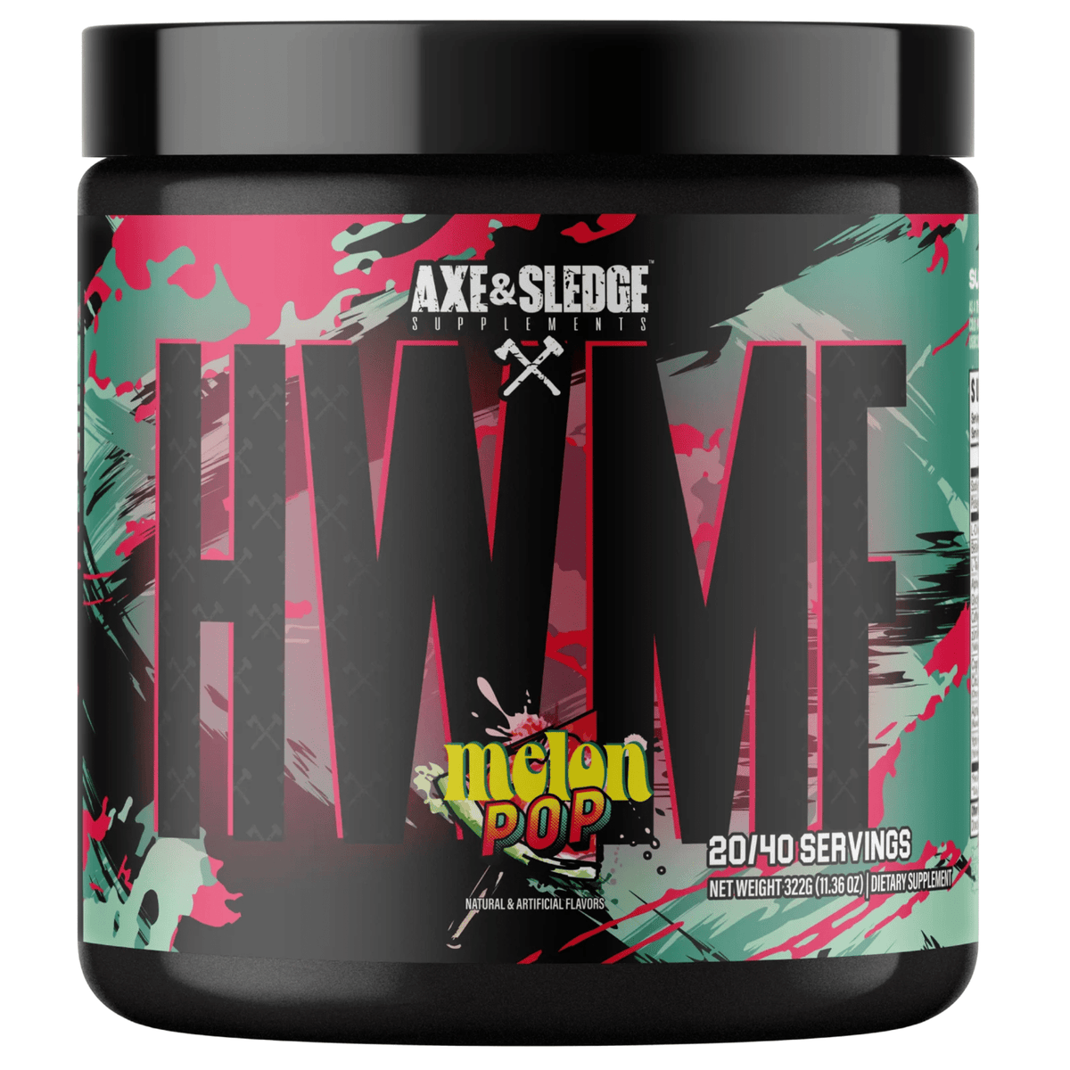 Axe & Sledge HWMF pre-workout powder, front of container