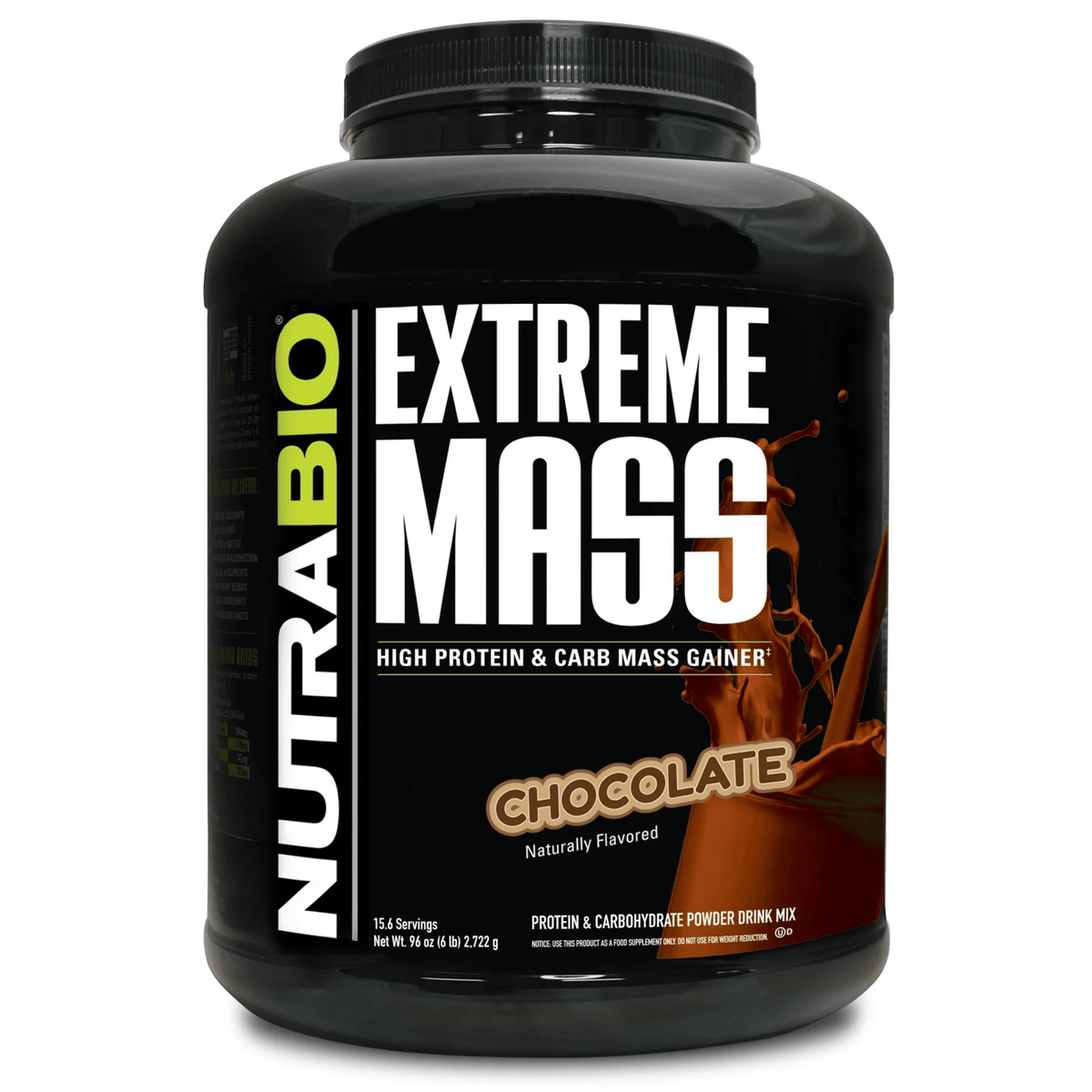 NutraBio Extreme Mass gainer powder, front of container