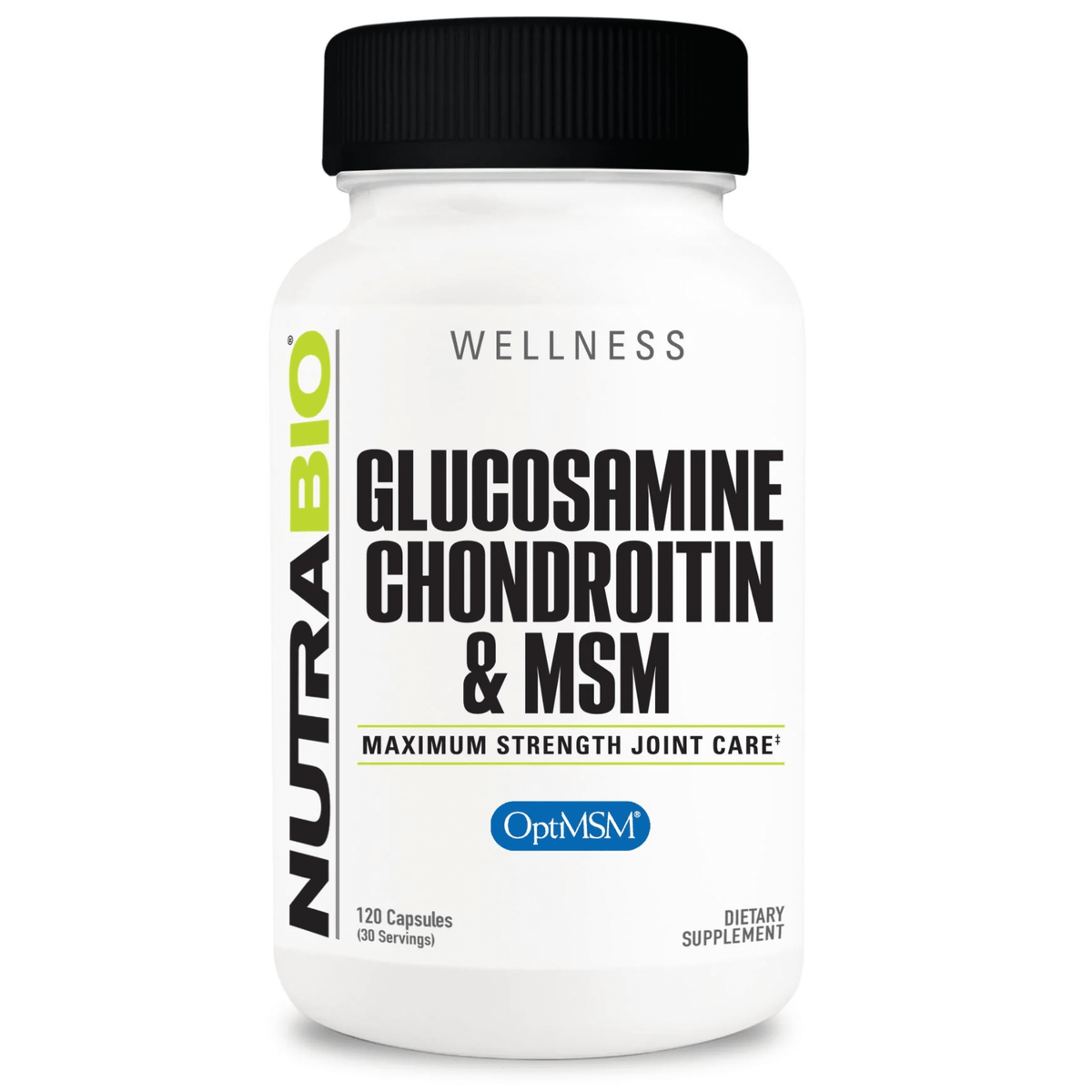 NutraBio Glucosamine Chondortin & MSM supplement, front of container
