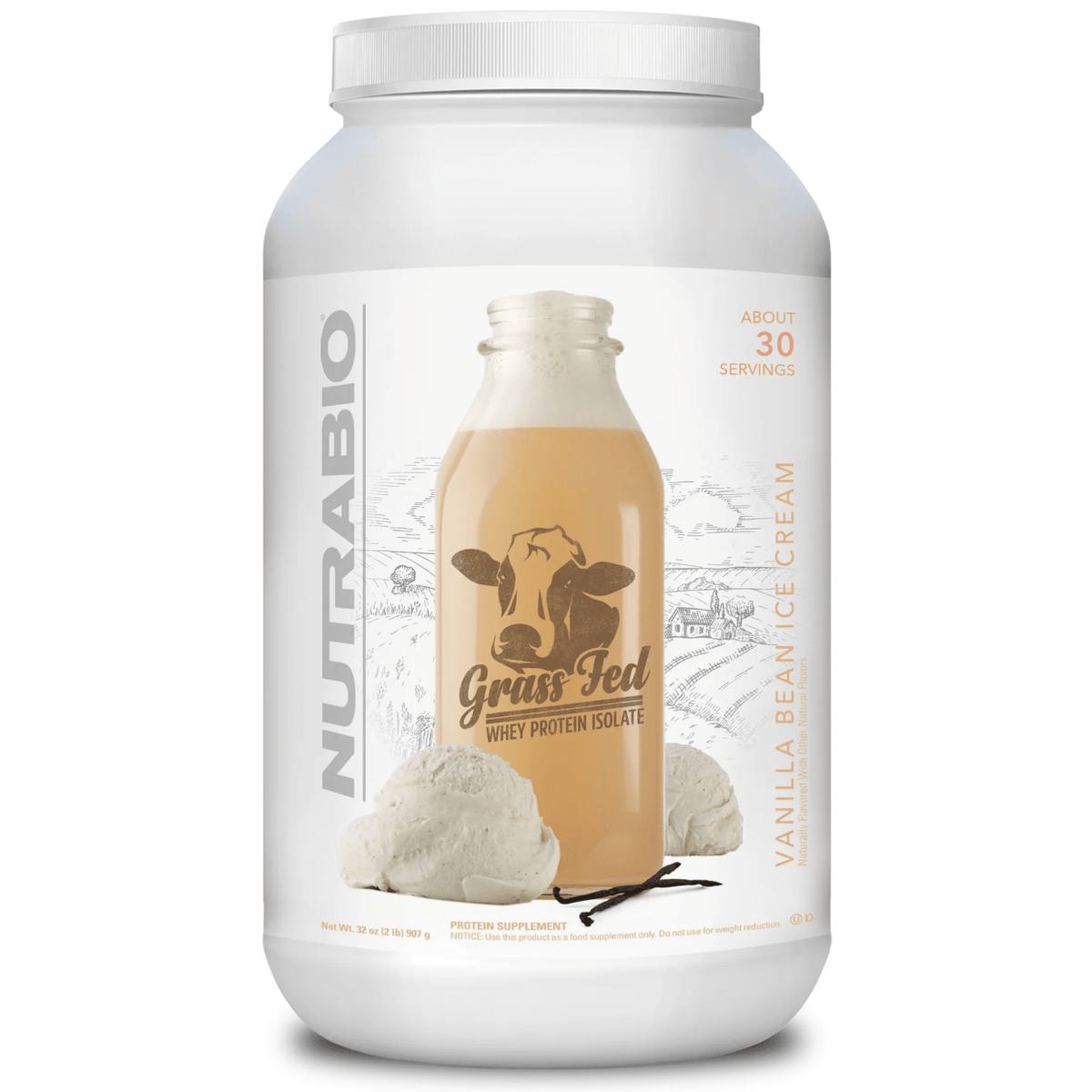 NutraBio Grass Fed Whey Isolate protein powder, front of container