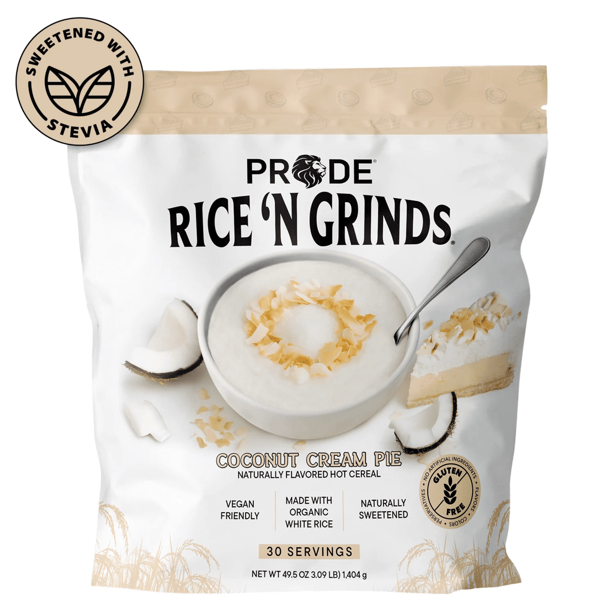 Pride Foods Hot Rice Cereal supplement, 44oz size, Coconut Cream Pie flavor
