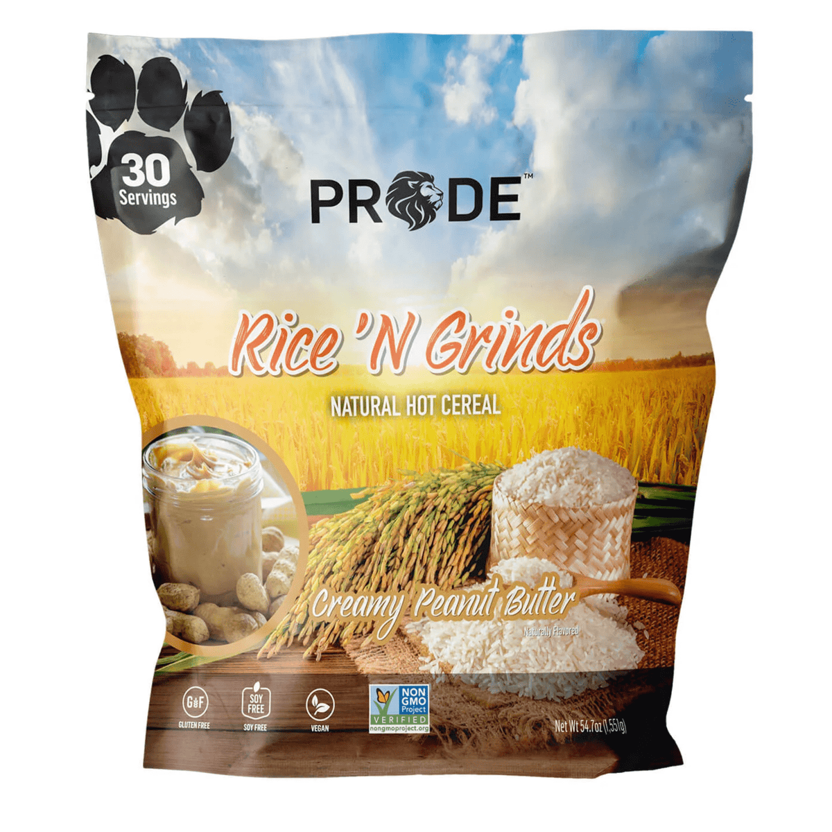 Pride Foods Hot Rice Cereal supplement, 44oz size, Creamy Peanut Butter flavor