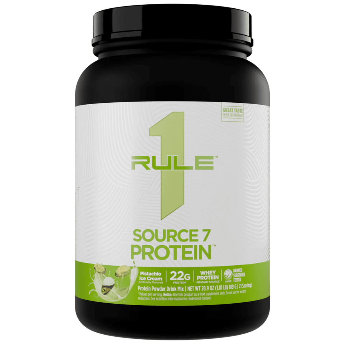 Rule One Source 7 protein powder, 1.8lb size, Pistachio flavor