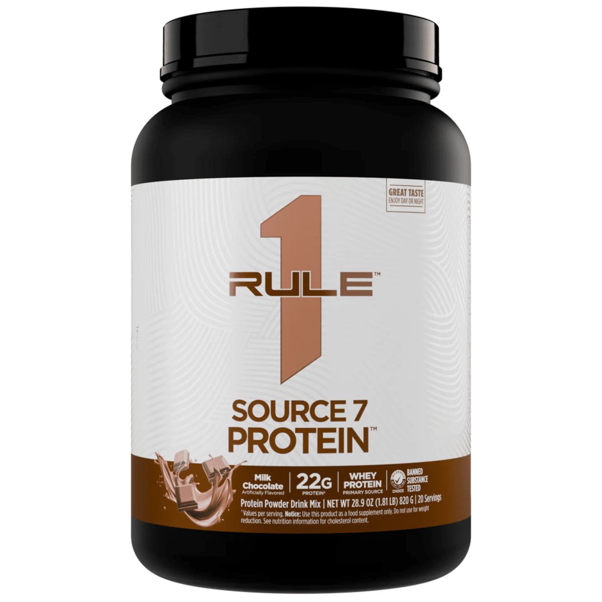 Rule One Source 7 protein powder, front of container
