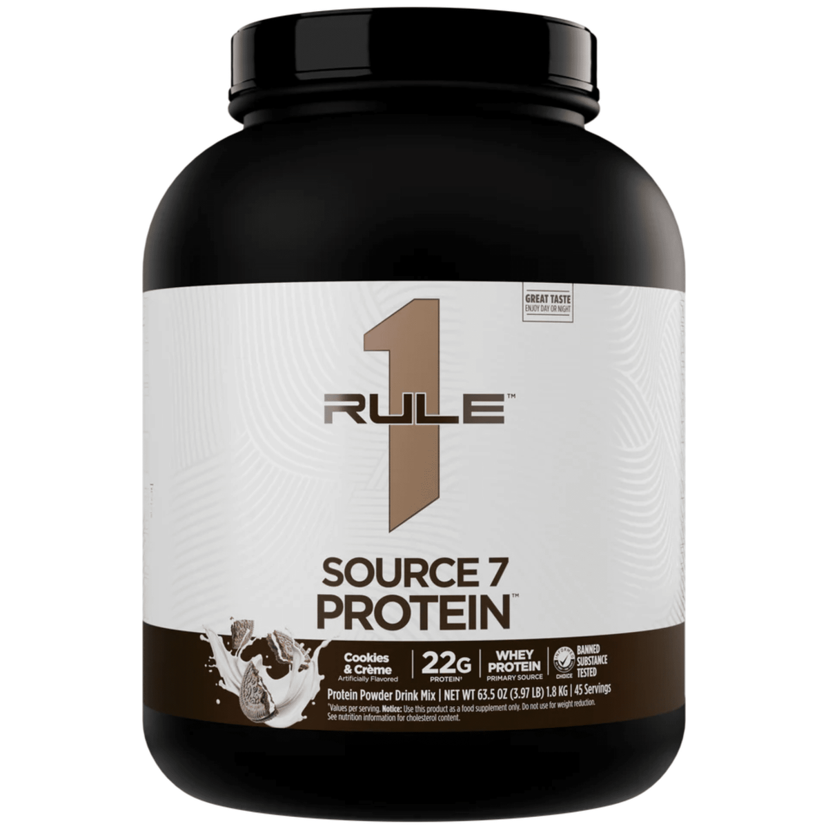 Rule One Source 7 protein powder, 4lb size, Cookies & Creme flavor