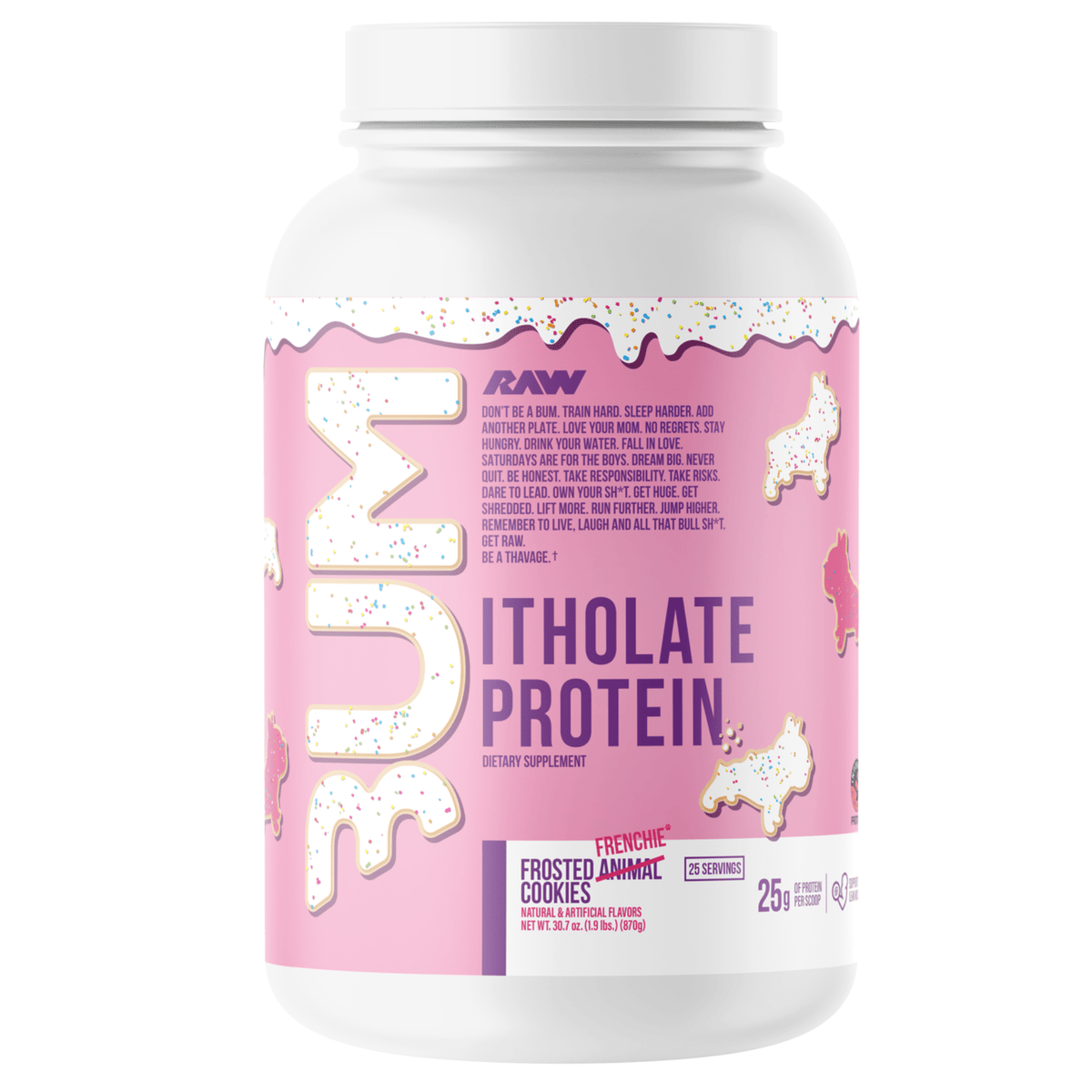 RAW CBUM Itholate protein powder, front of container