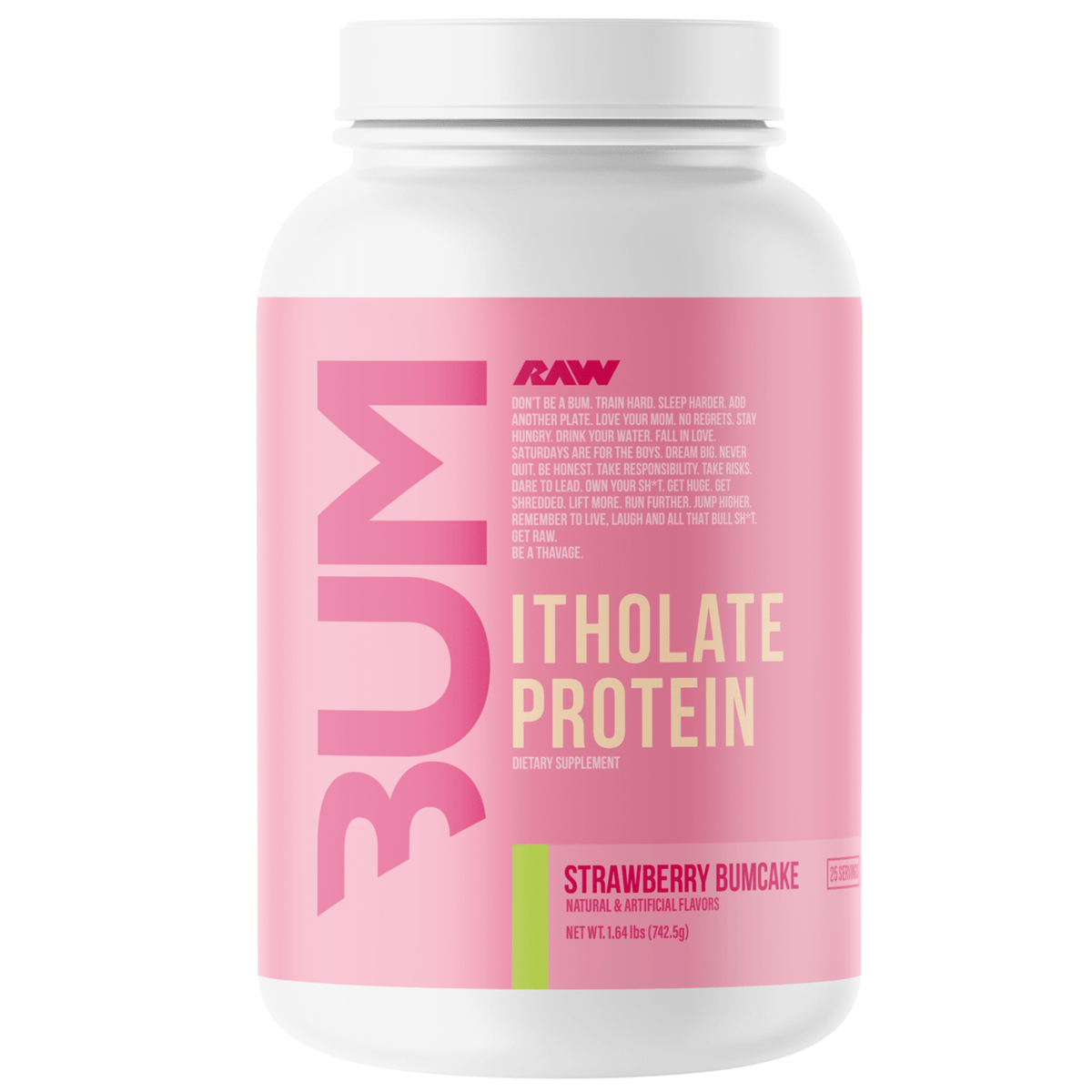 RAW CBUM Itholate protein powder, 25sv size, Strawberry Bumcake flavor