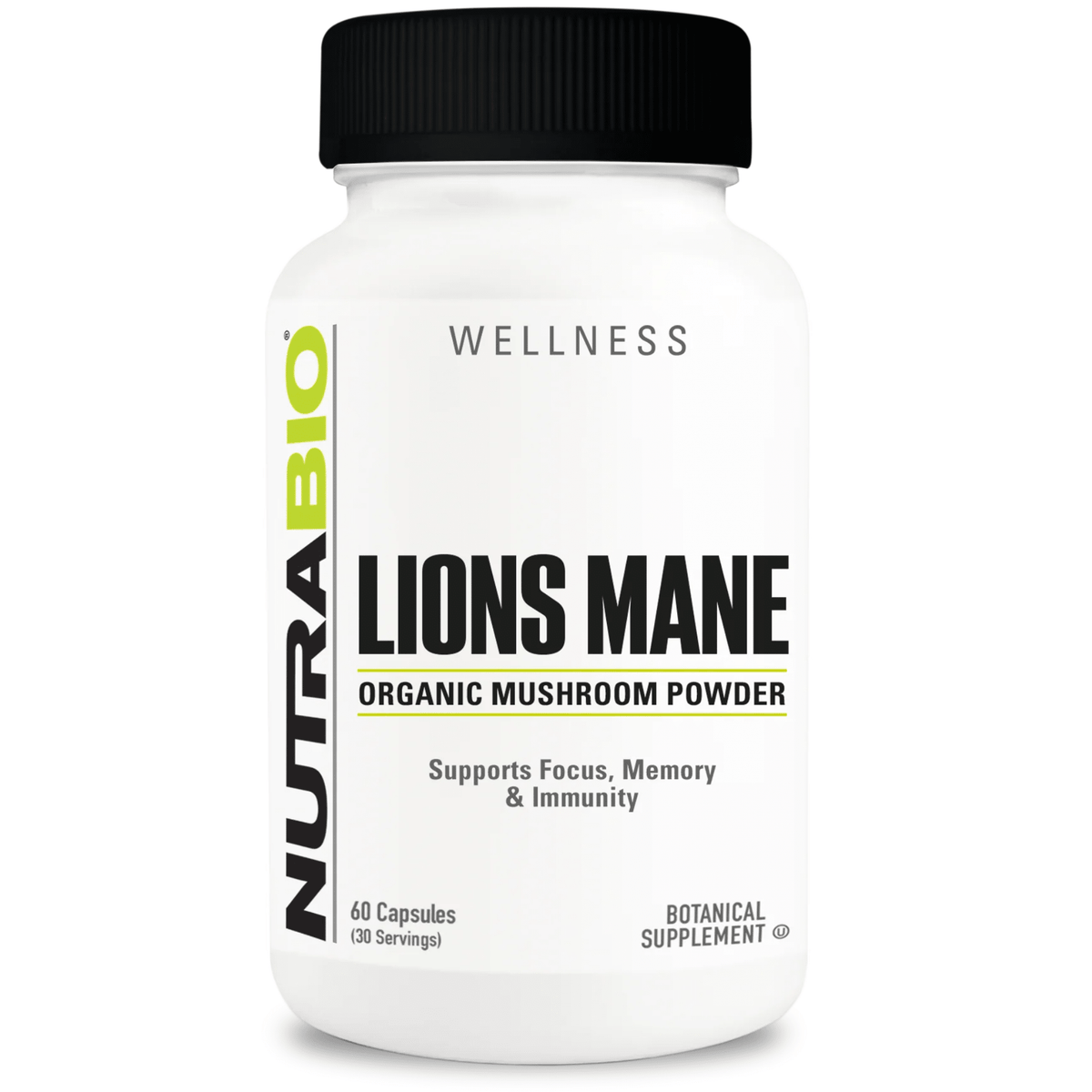 NutraBio Lions Mane supplement, front of container