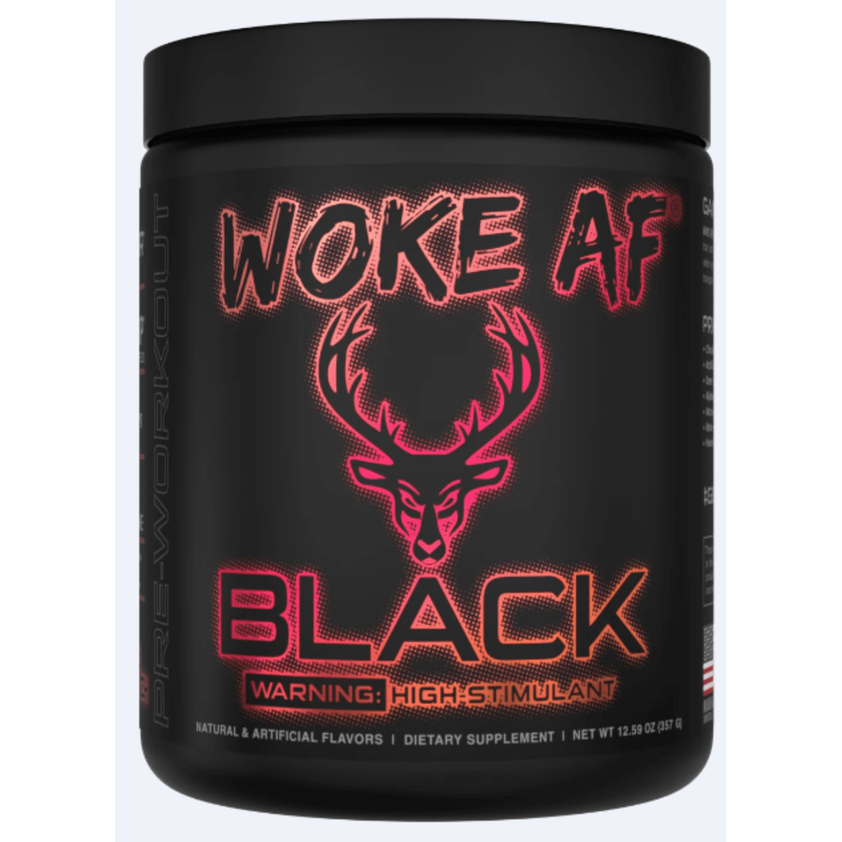 Das Labs Woke AF Black pre-workout powder, front of container