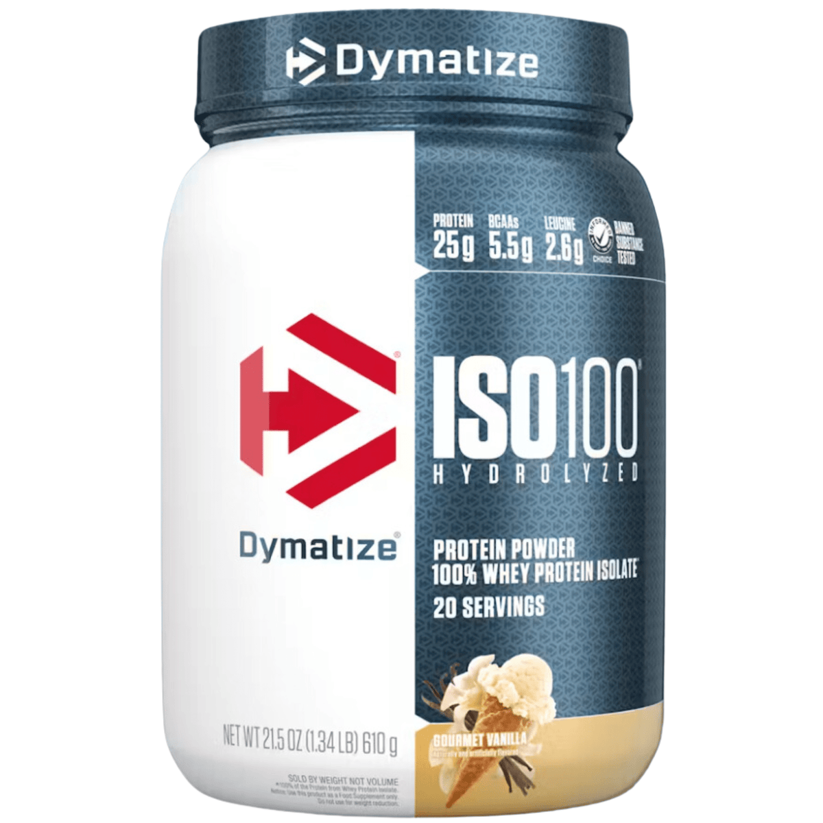 Dymatize Iso 100 protein powder, 20sv size, Vanilla flavor