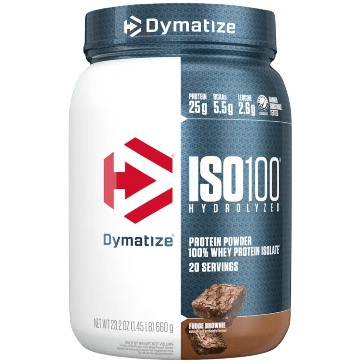 Dymatize Iso 100 protein powder, 20sv size, Fudge Brownie flavor