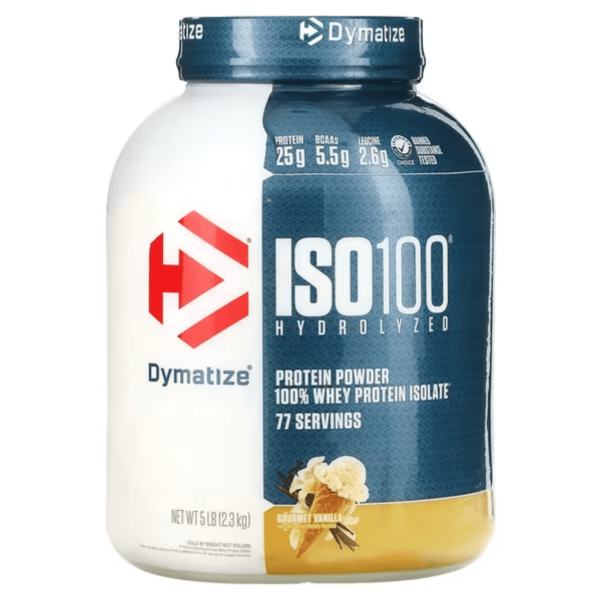 Dymatize Iso 100 protein powder, 5lb size, Vanilla flavor
