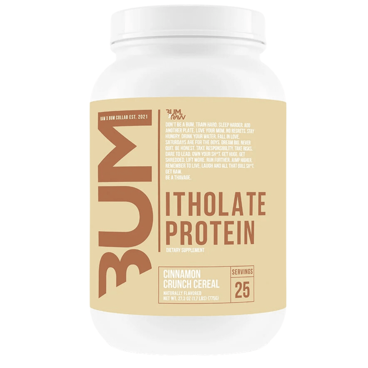 RAW CBUM Itholate protein powder, 25sv size, Cinnamon Crunch Cereal flavor