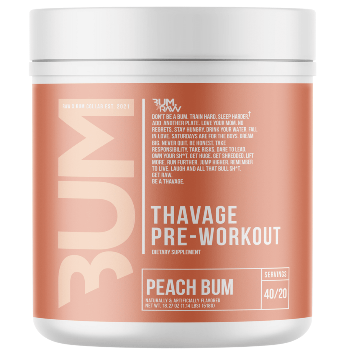 RAW CBUM Thavage Pre-Workout, Peach Bum flavor
