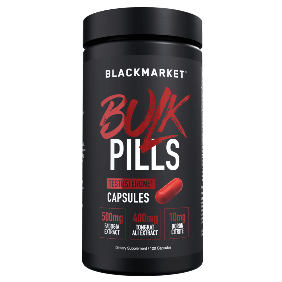 Black Market Labs Bulk Pills testosterone support supplement, front of container