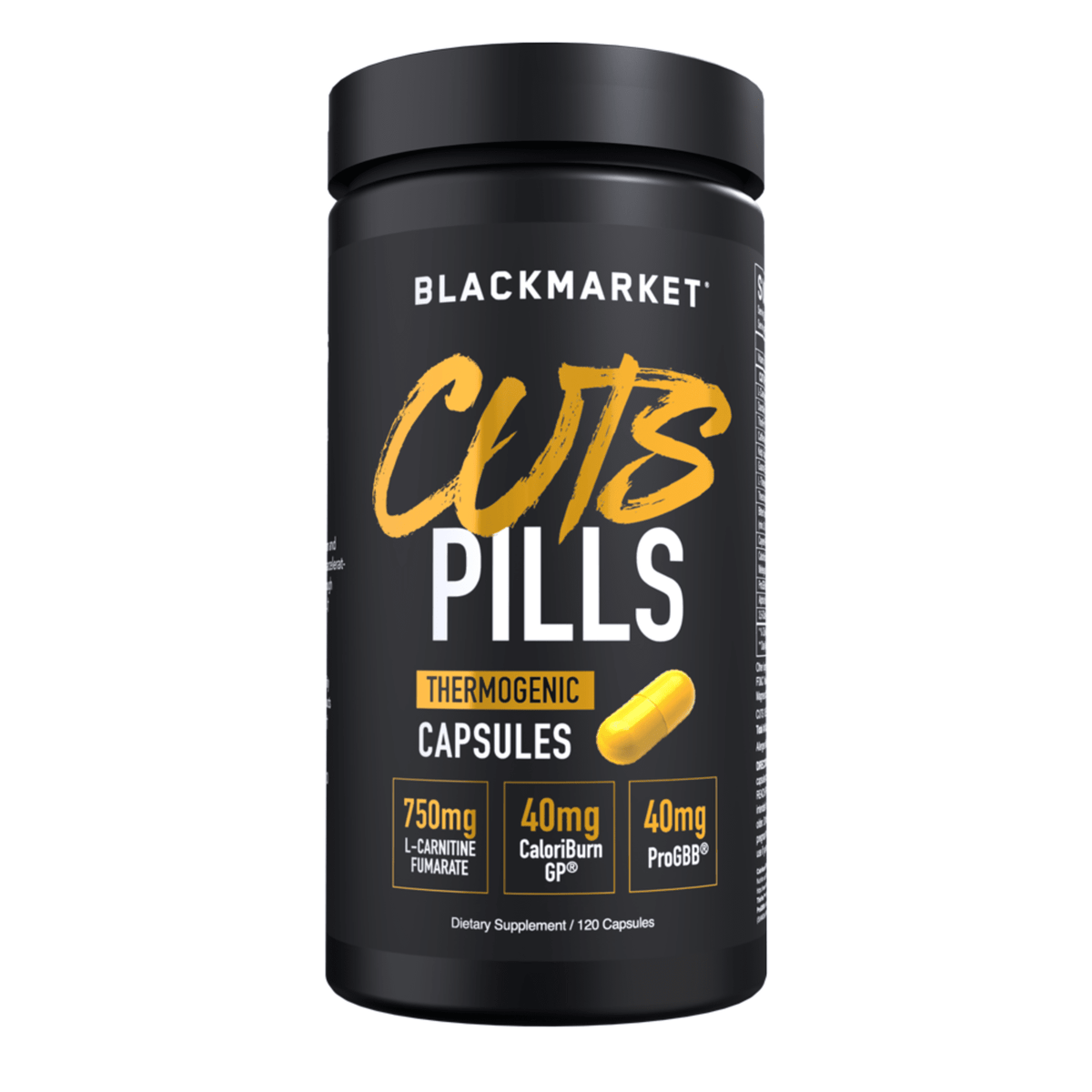 Black Market Labs Cuts Pills fat burner supplement, front of container