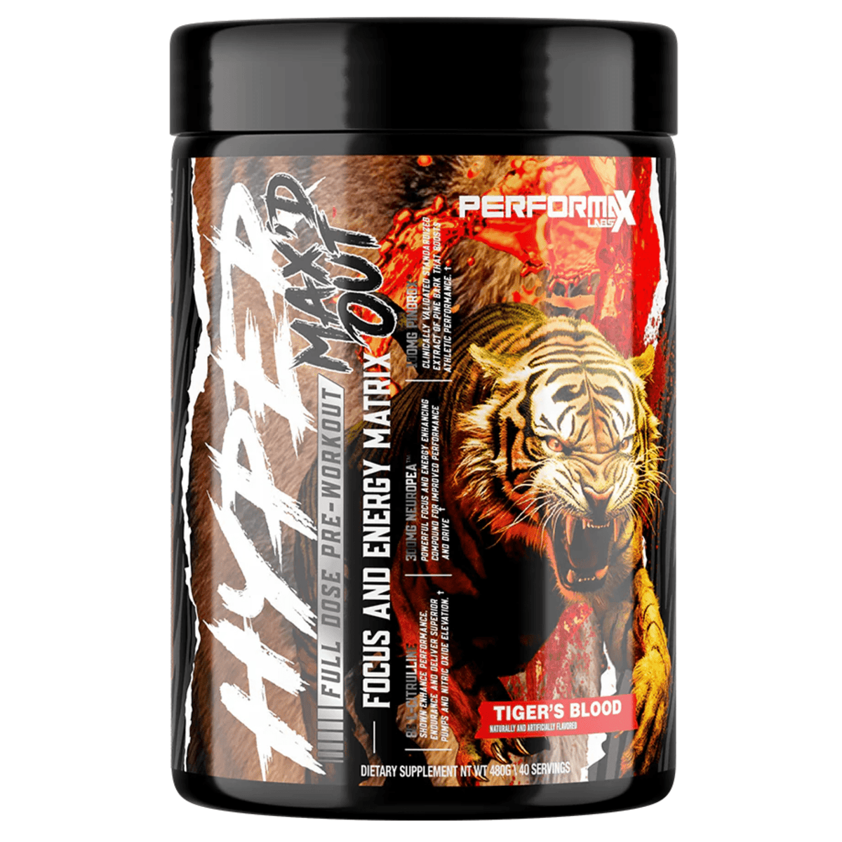 Performax HyperMax'd Out pre-workout powder, front of container