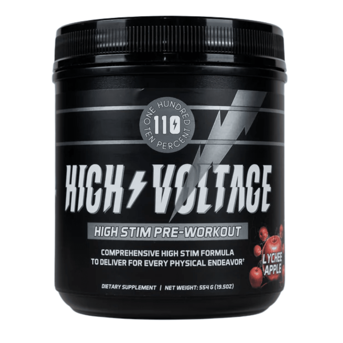 110 Percent High Voltage pre-workout powder, front of container