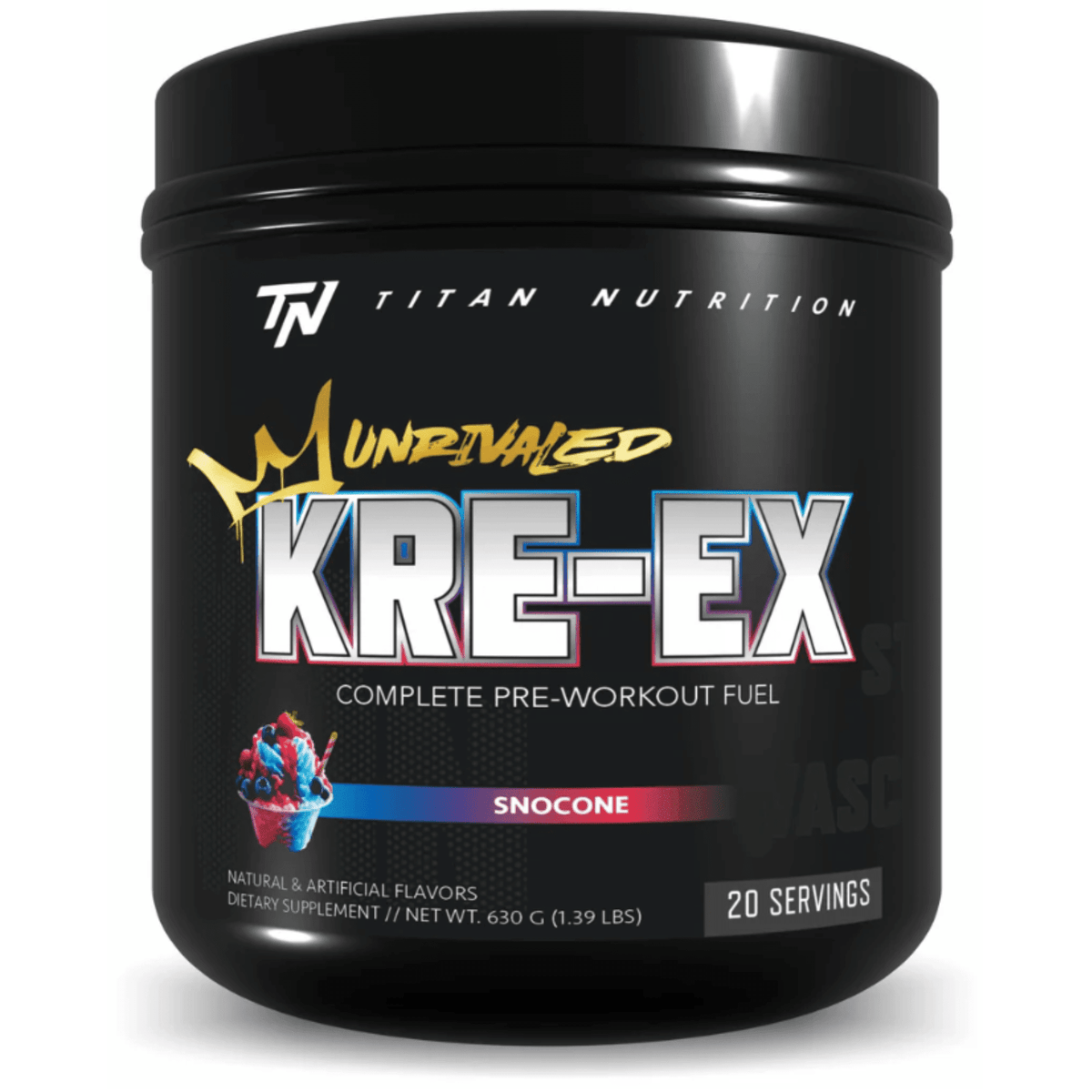 Titan Nutrition KRE-EX pre-workout powder, front of container