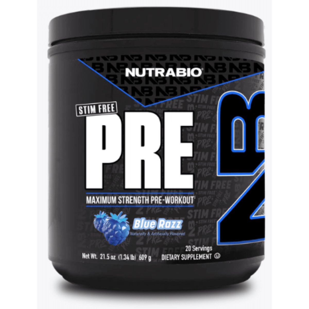 NutraBio PRE Stim-Free pump powder, front of container