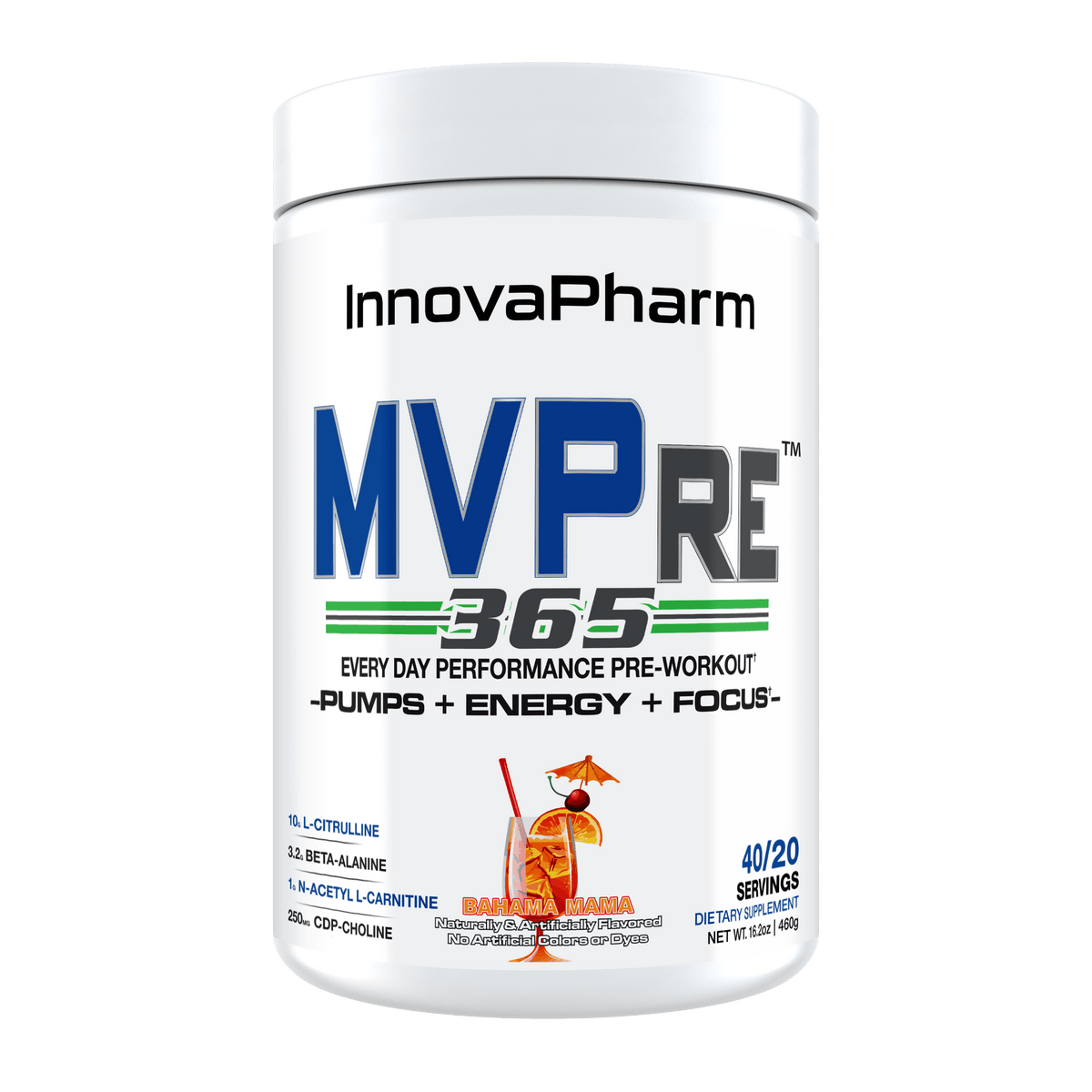 InnovaPharm MVPre 365 pre-workout powder, Bahama Mama flavor