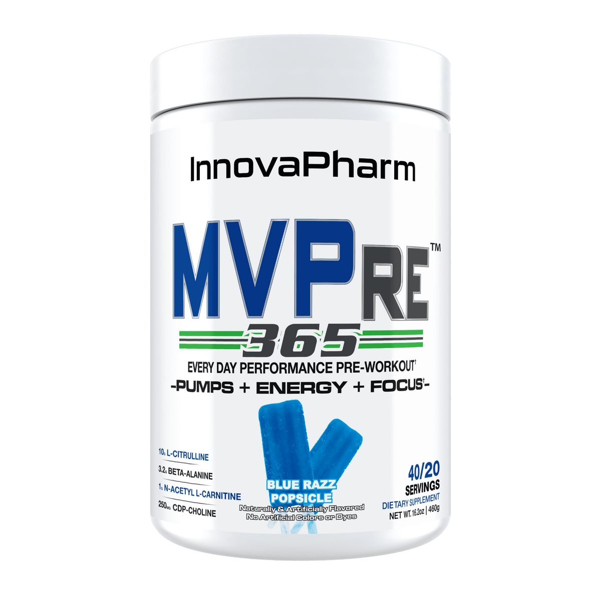 InnovaPharm MVPre 365 pre-workout powder, Blue Razz Popsicle flavor