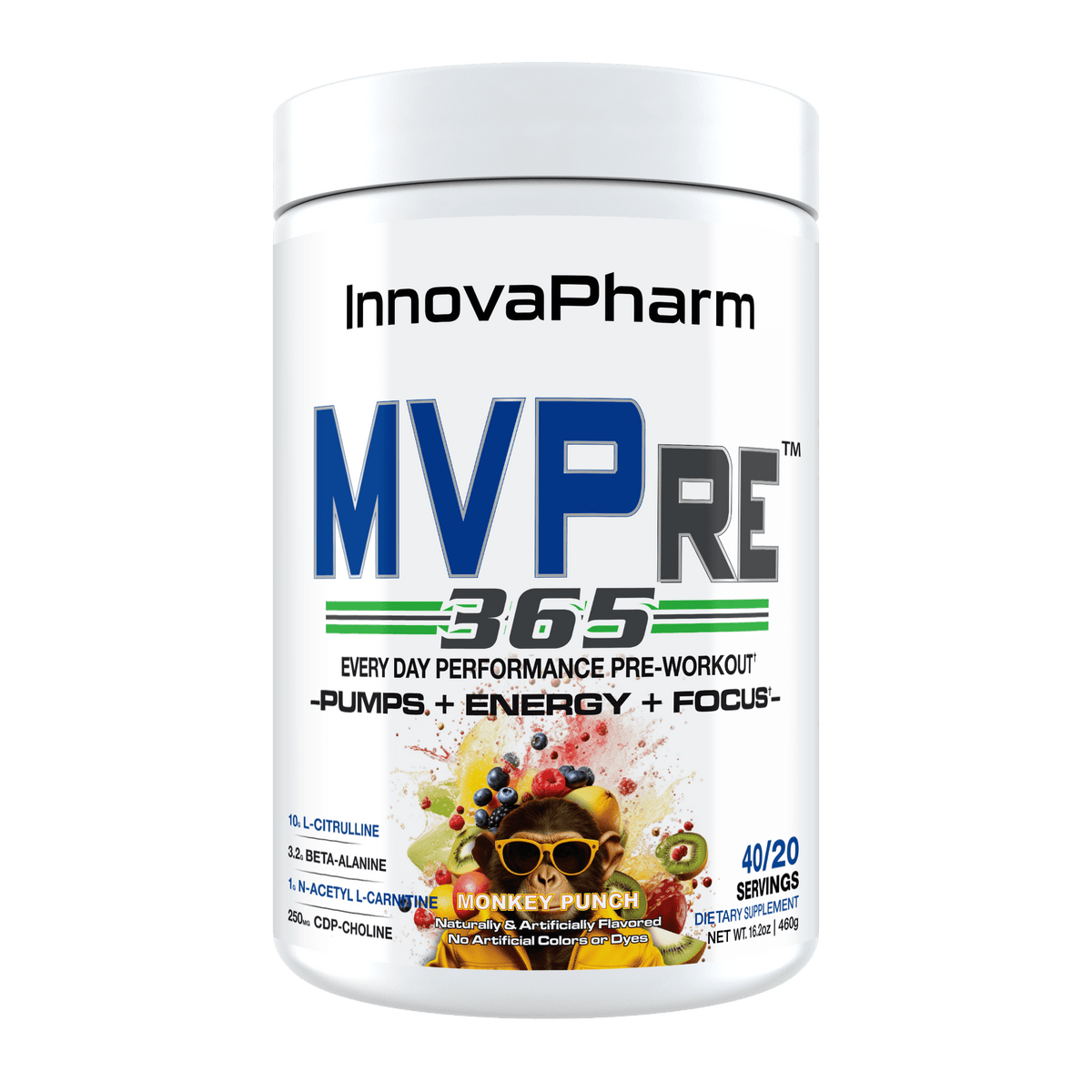InnovaPharm MVPre 365 pre-workout powder, front of container