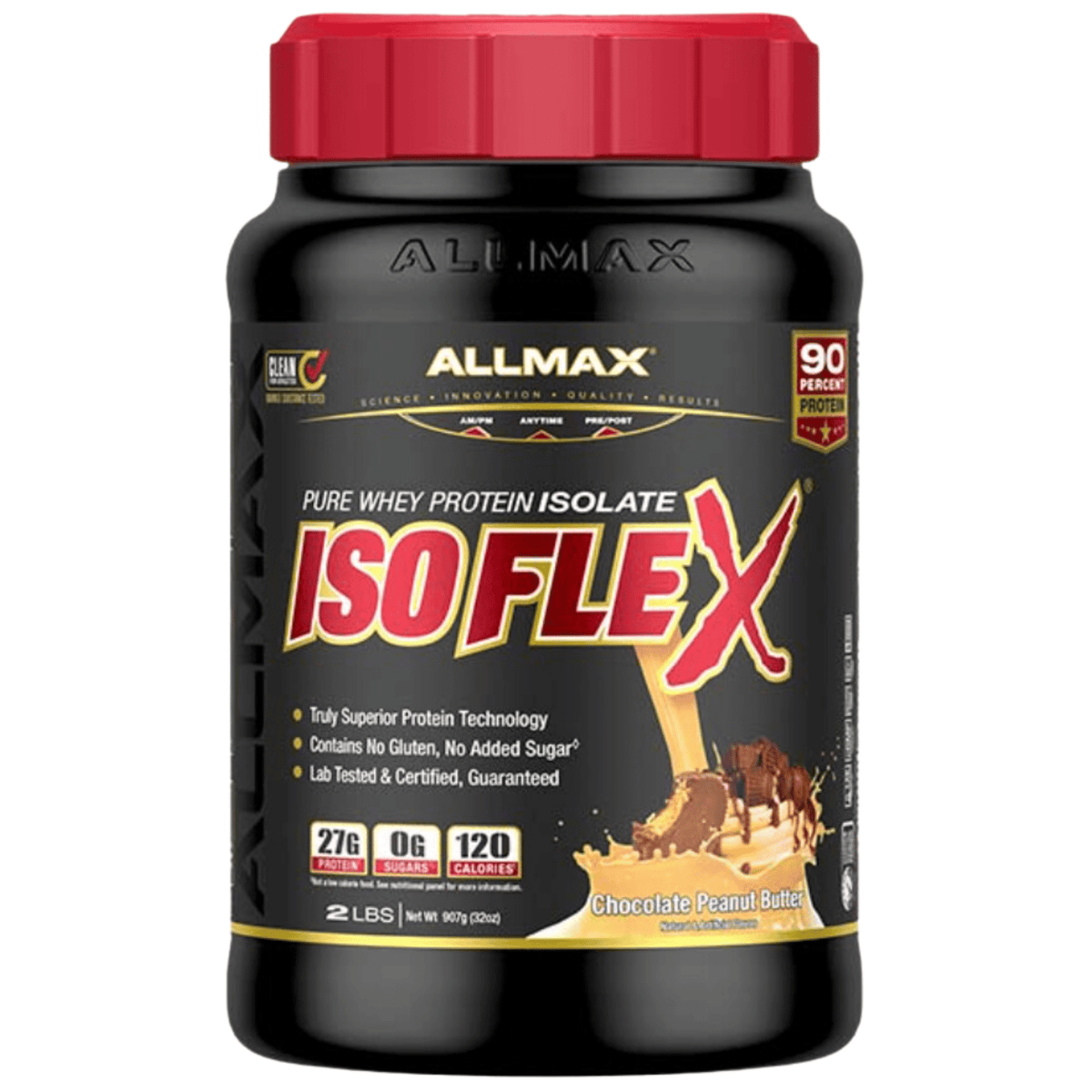Allmax Isoflex protein powder, front of container