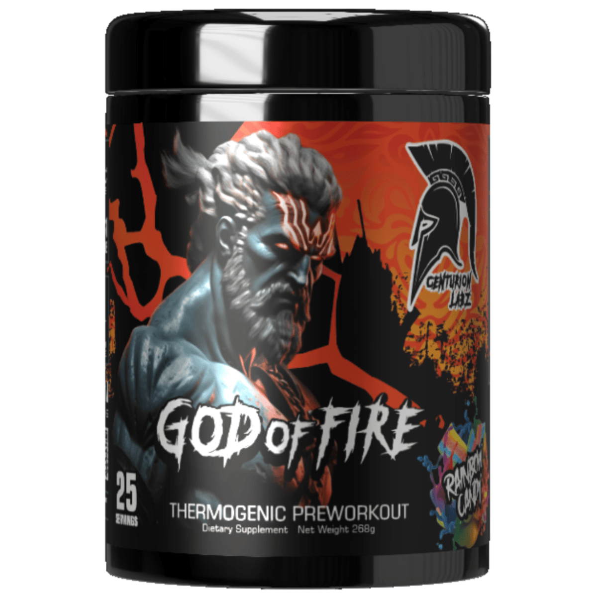 Centurion Labz God of Fire pre-workout powder, Rainbow Candy flavor