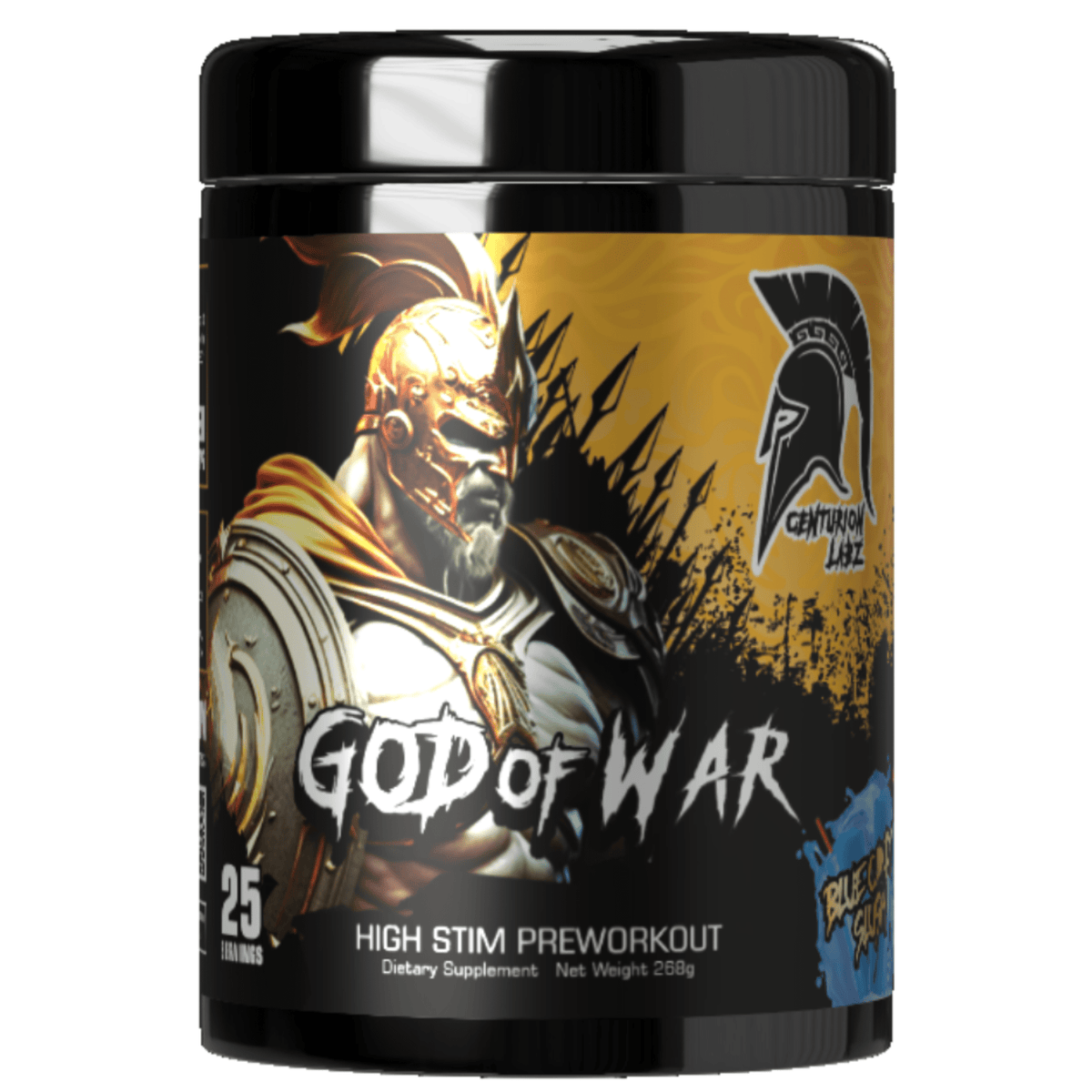 Centurion Labz God of War pre-workout powder, front of container