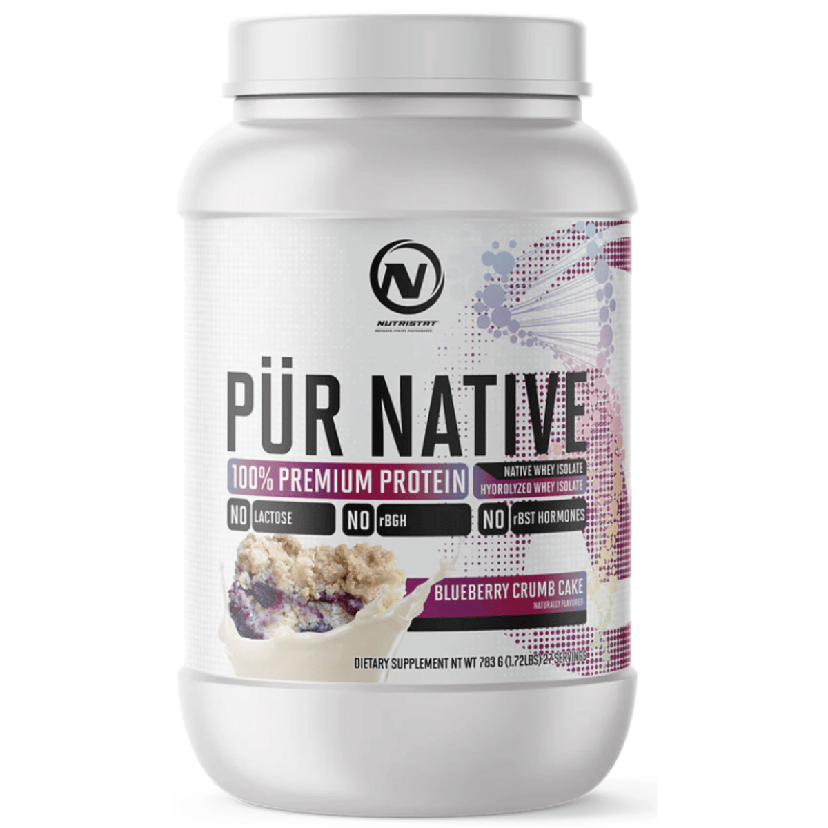 Nutristat PÜR NATIVE Whey Isolate protein powder, 27sv size, Blueberry Crumb Cake flavor