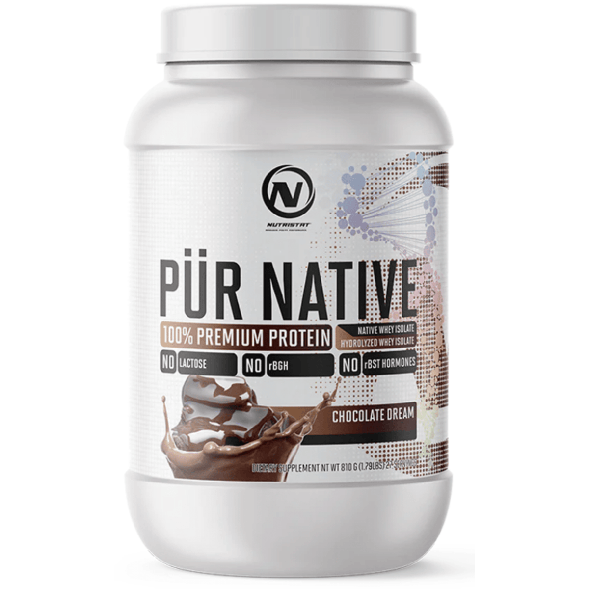 Nutristat PÜR NATIVE Whey Isolate protein powder, front of container