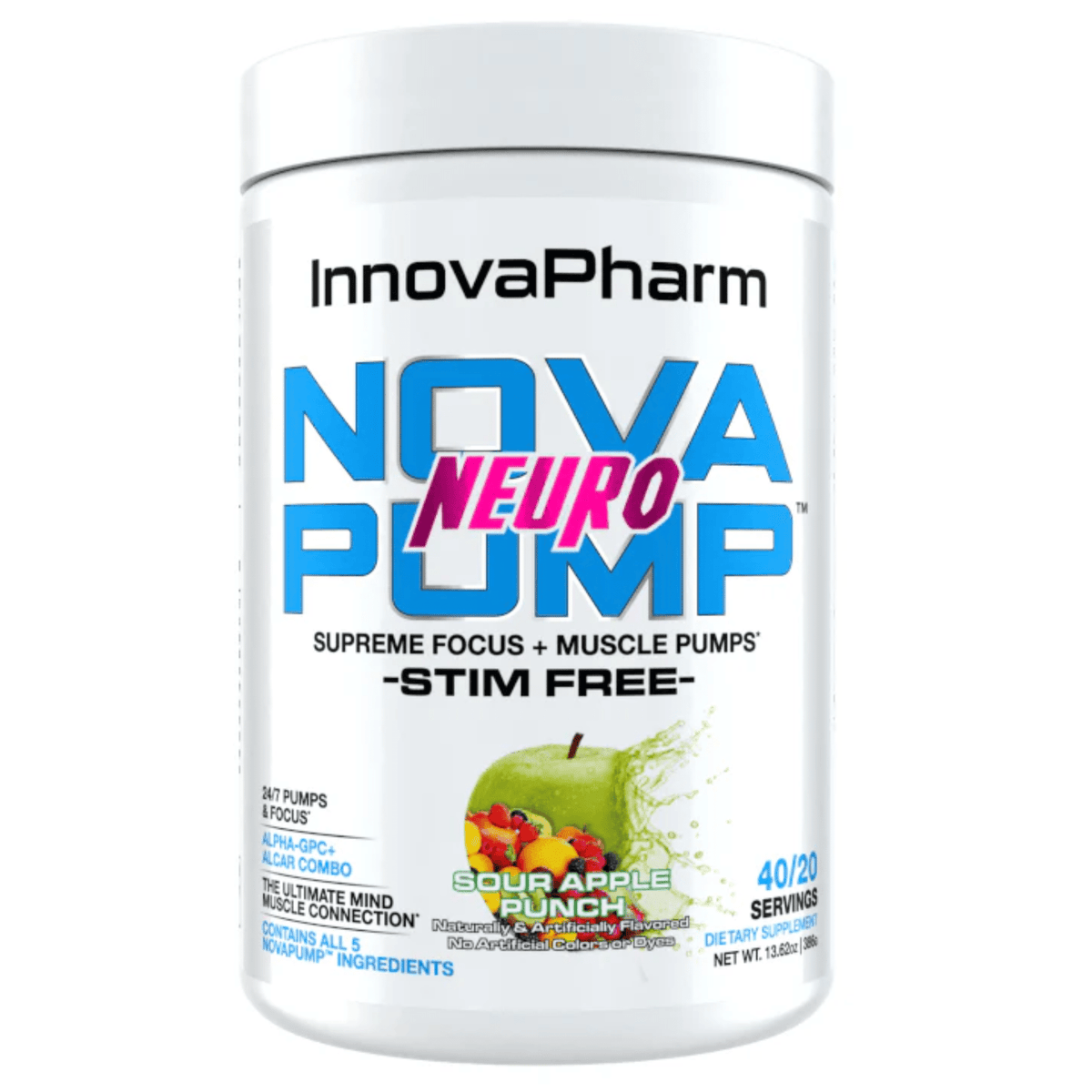 InnovaPharm NovaPump Neuro stim-free pump powder, 40/20sv size, Sour Apple Punch flavor