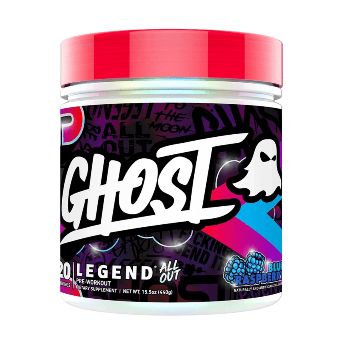 GHOST Legend ALL OUT pre-workout powder, Blue Raspberry flavor