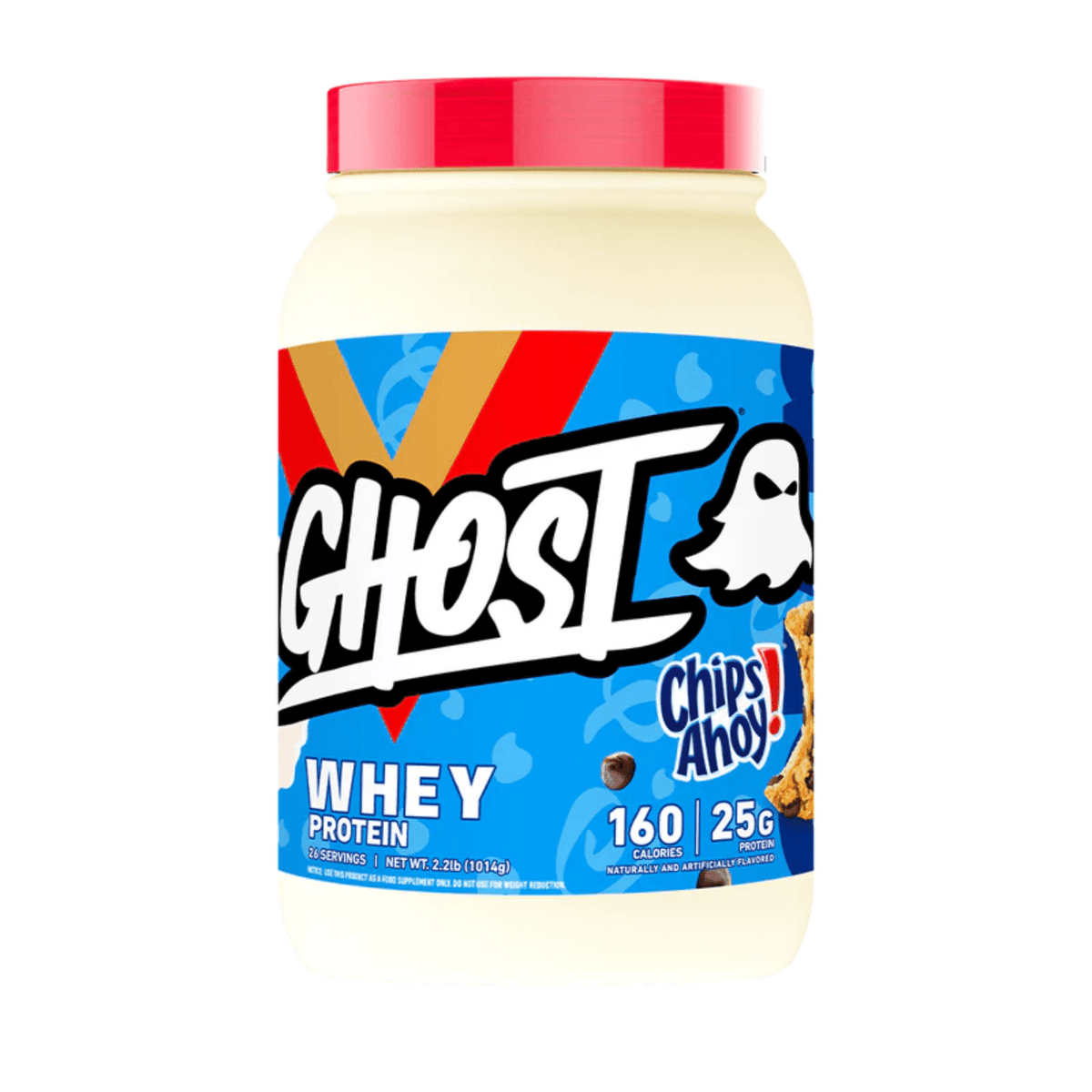 GHOST Whey protein powder, front of container