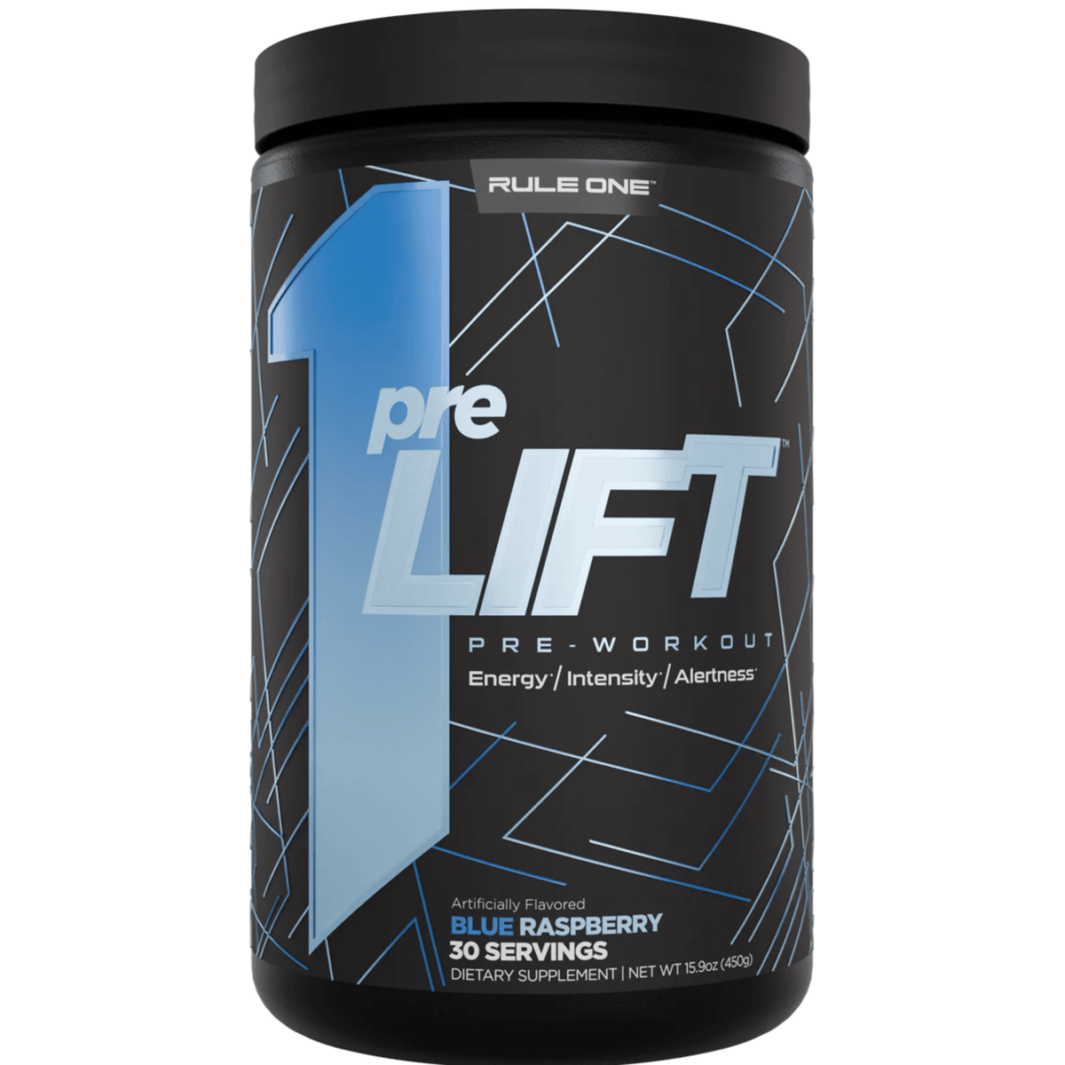 Rule One preLIFT pre-workout powder, 30sv size, Blue Raspberry flavor