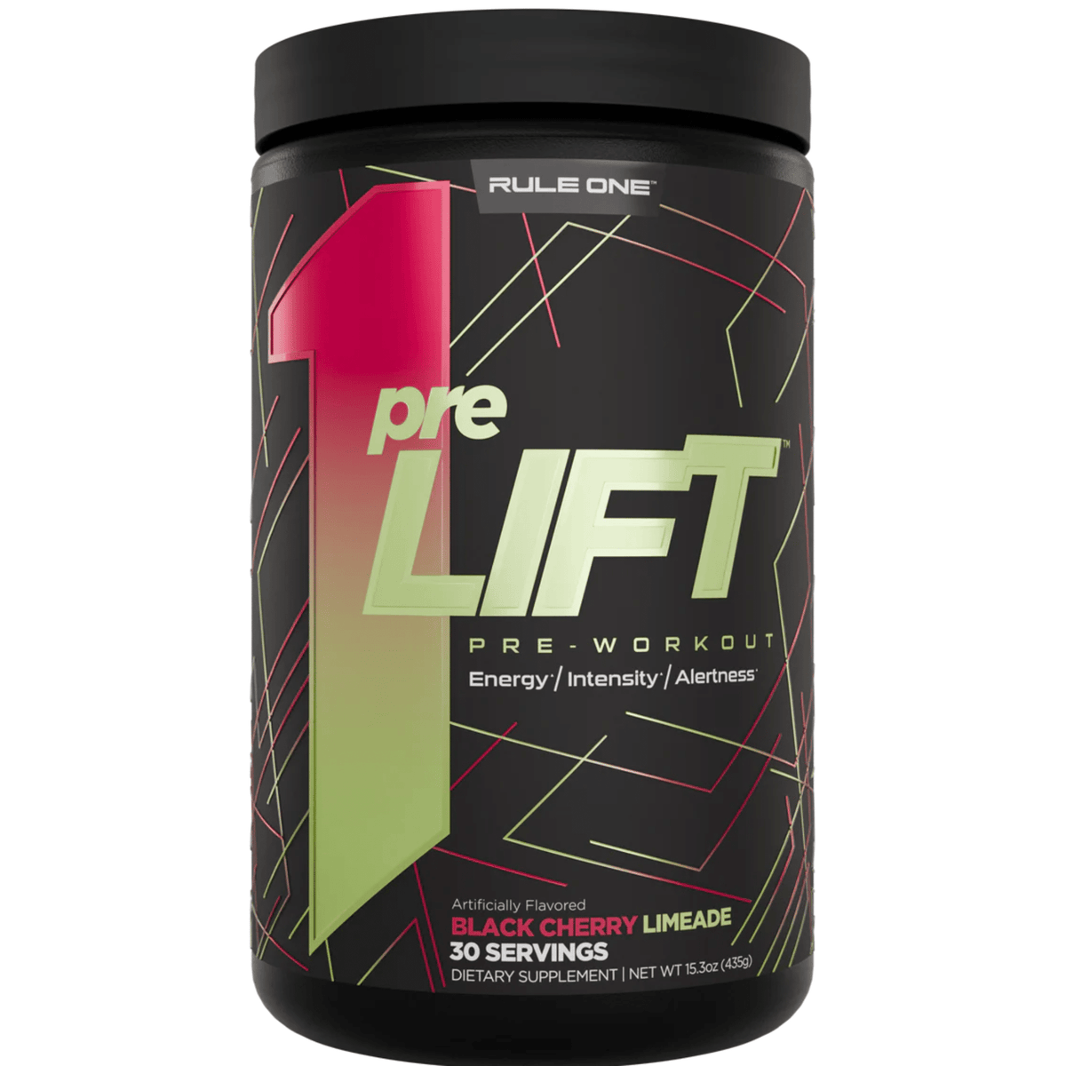 Rule One preLIFT pre-workout powder, 30sv size, Black Cherry Limeade flavor