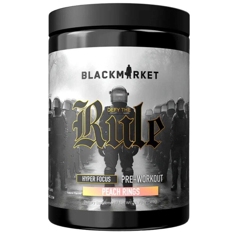 Black Market RULE pre-workout powder, front of container