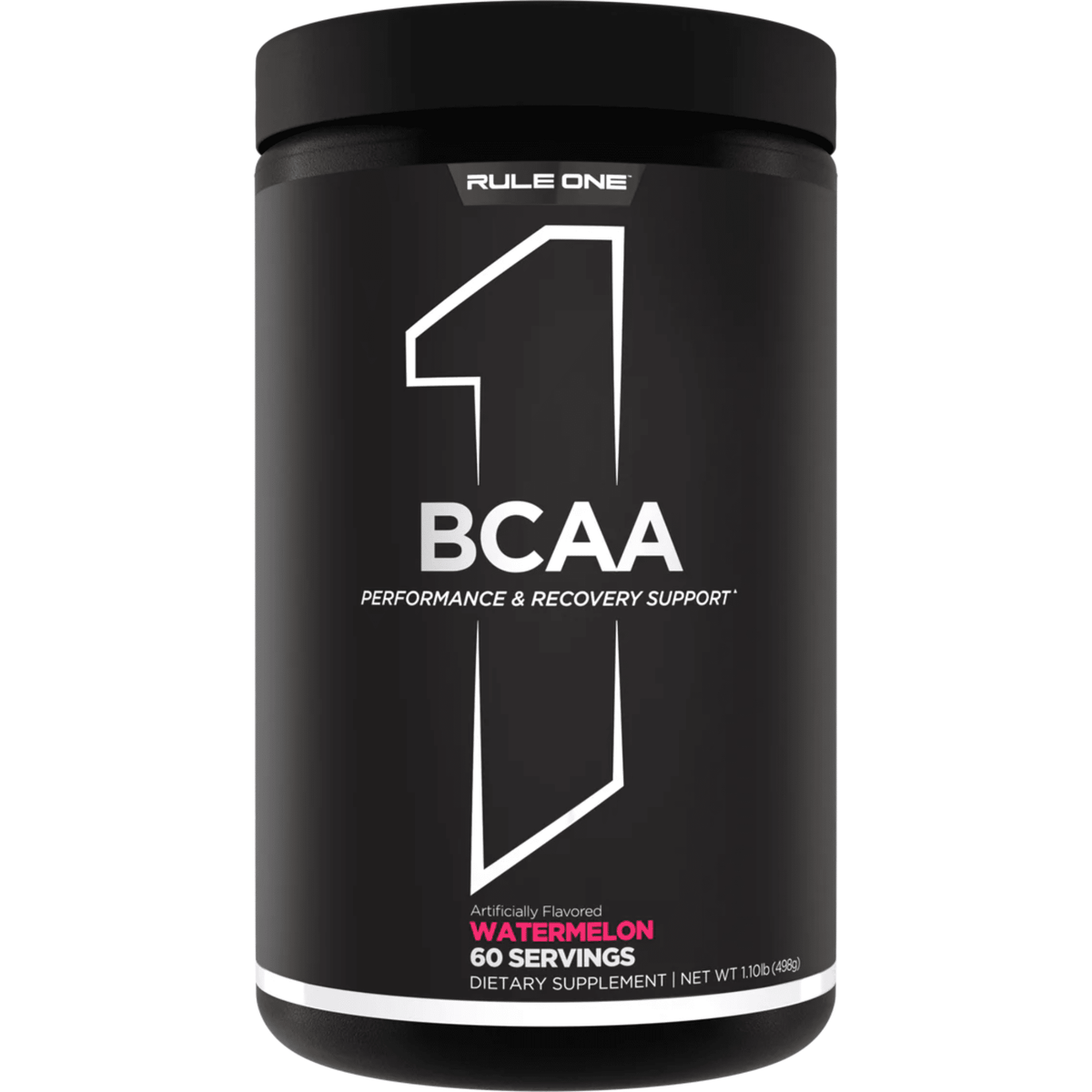 Rule 1 R1 BCAAs amino acid powder, front of container