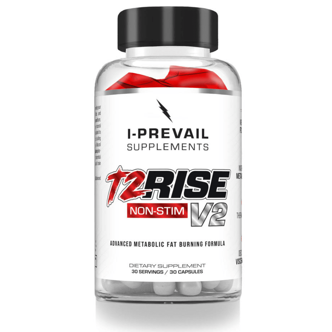 I Prevail T2 Rise Non-Stim fat burner supplement, front of container