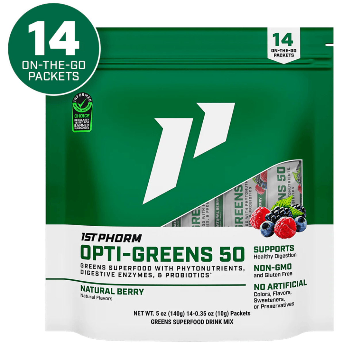 1st Phorm Opti Greens Stick Packs bar, front of container