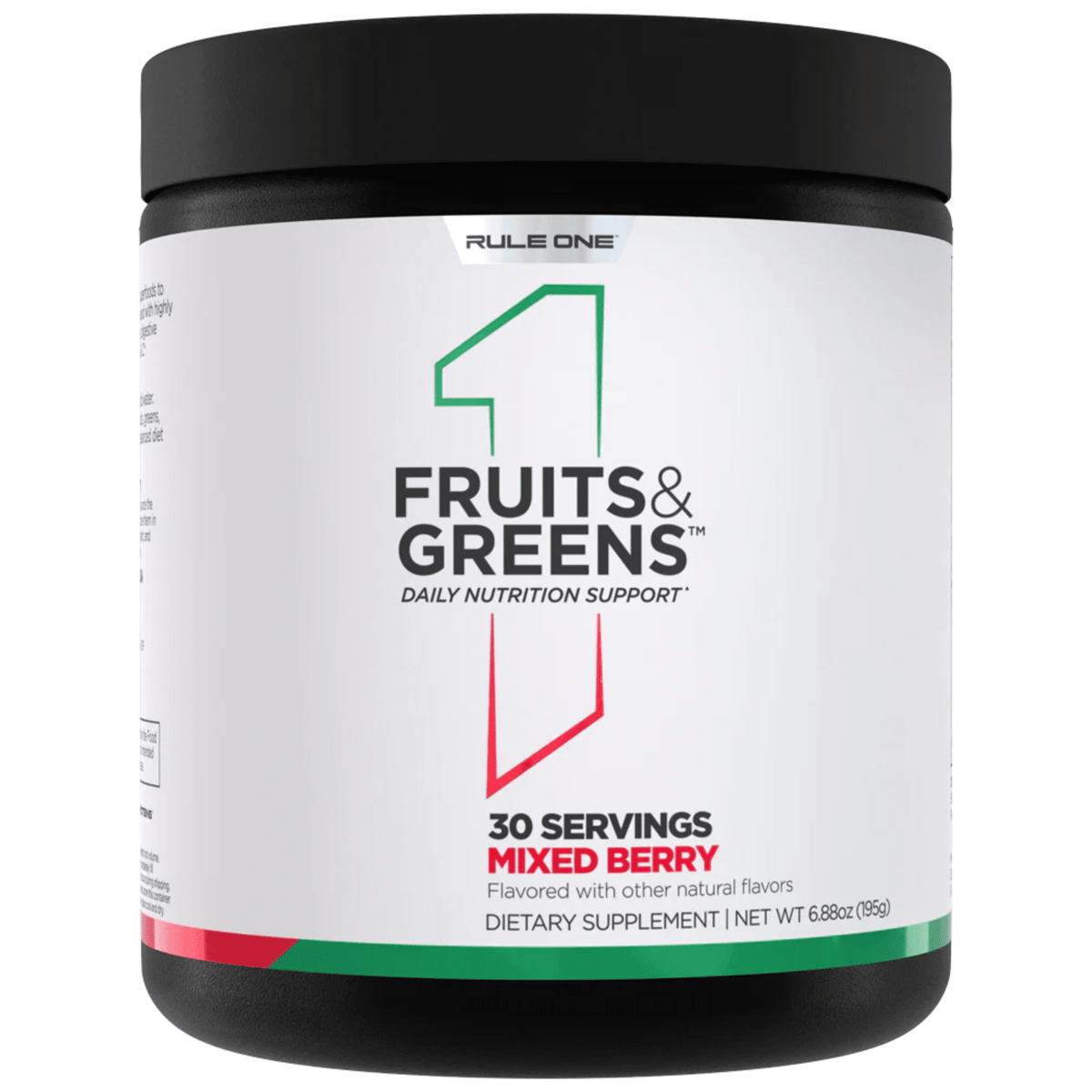 Rule 1 Fruits & Greens supplement, front of container