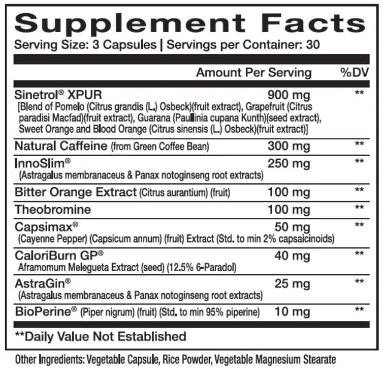 InnovaPharm NovaBurn 2.0 supplement facts panel