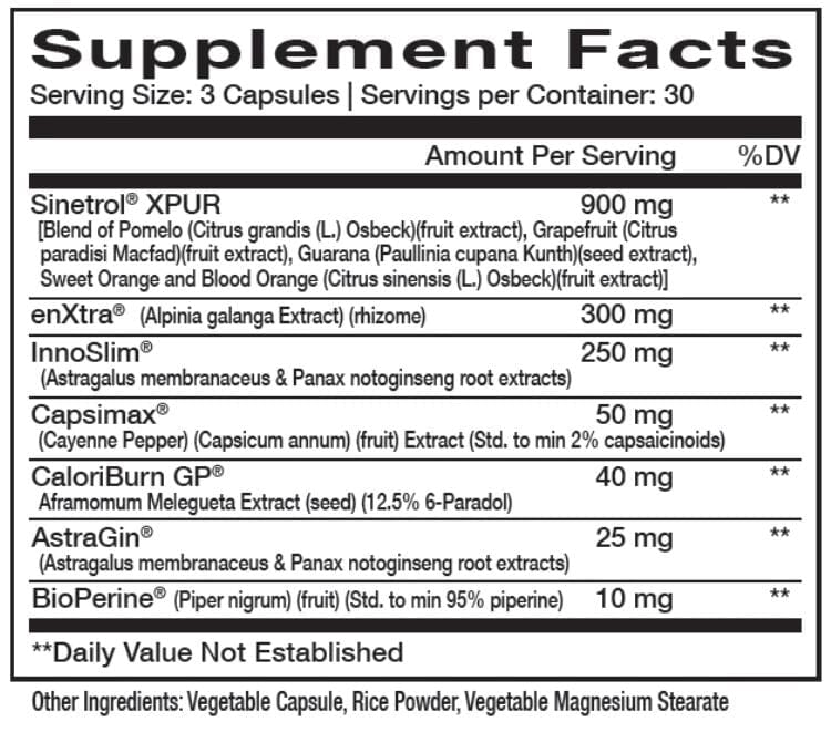 InnovaPharm NovaBurn 2.0 STIM FREE supplement facts panel