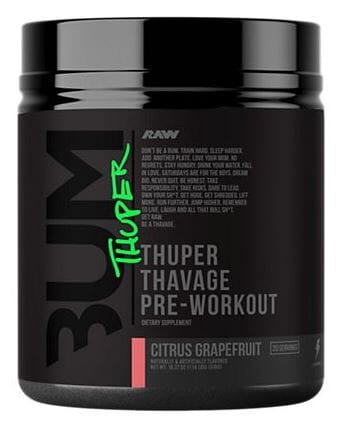RAW CBUM Thuper Thavage pre-workout powder, front of container