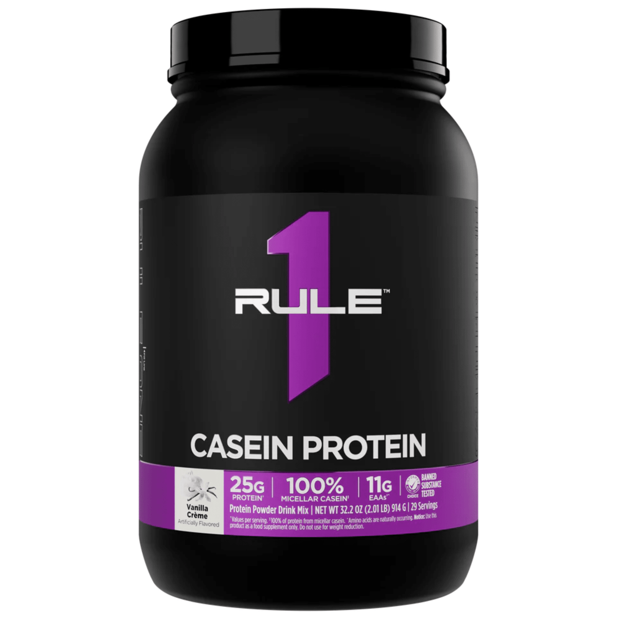 Rule 1 Casein protein powder, front of container