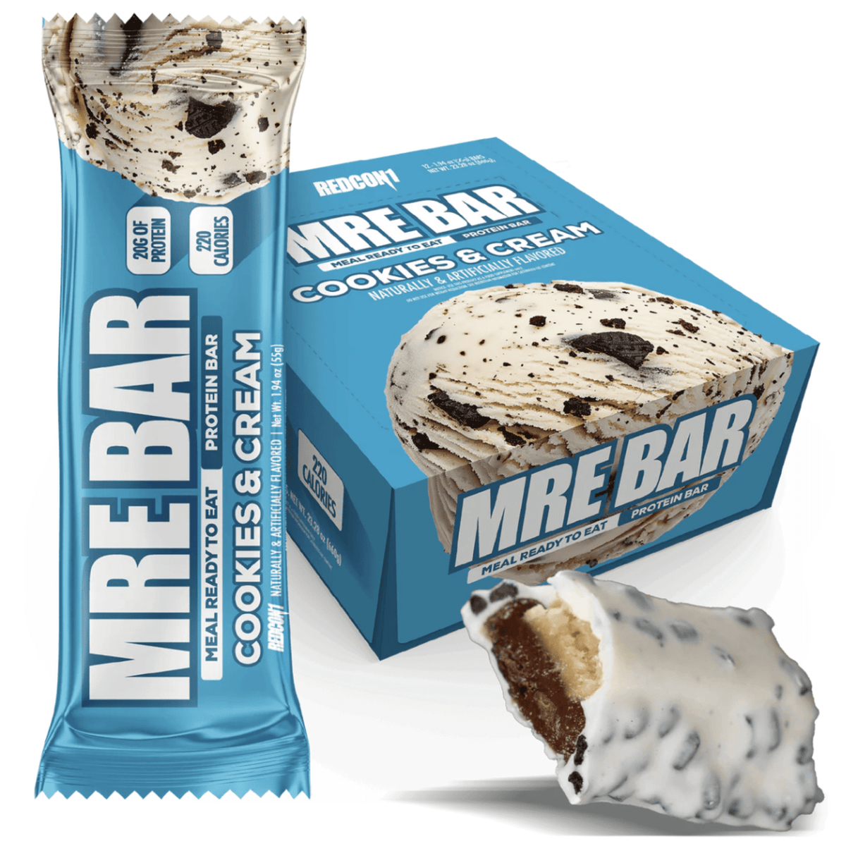 Redcon1 MRE Bar protein bar, 12ct size, Cookies & Cream flavor